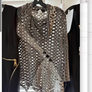 New! Yushi Geometric Asymmetrical Cowl Neck Button Art to Wear Tunic - Gray